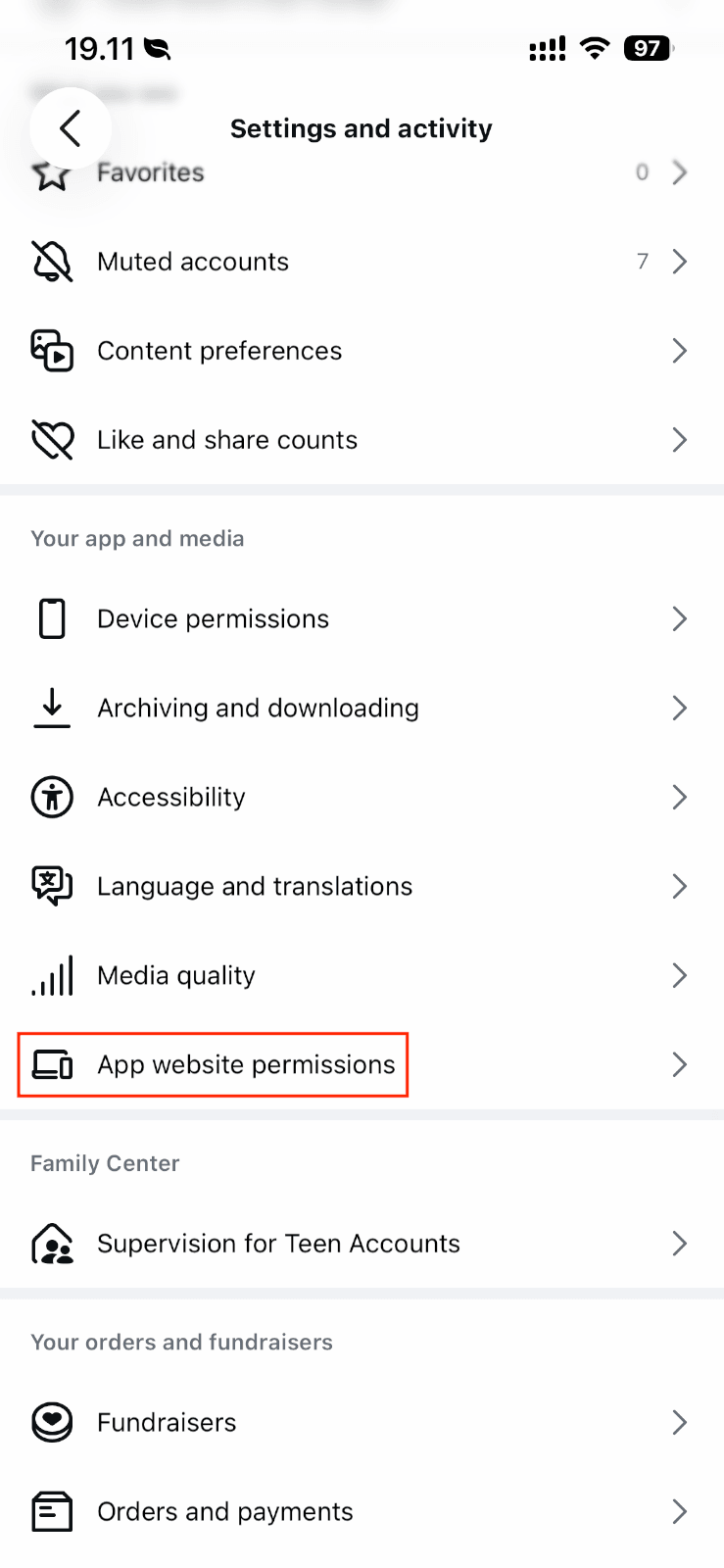 Settings and activity — App website permissions