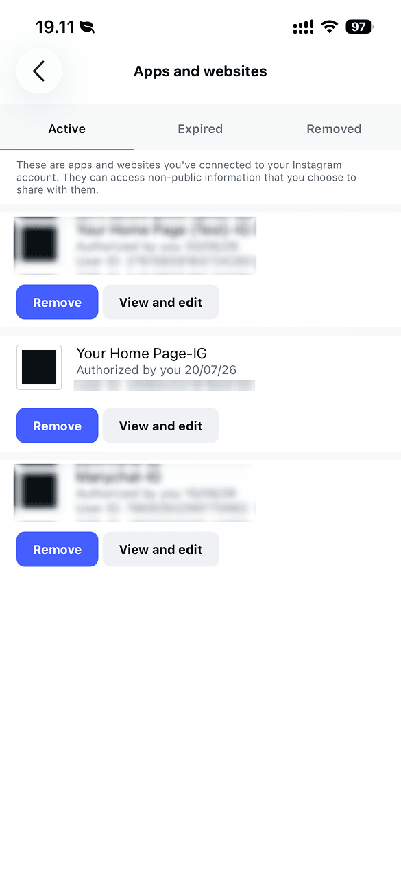 Apps and websites — Active tab showing Your Home Page
