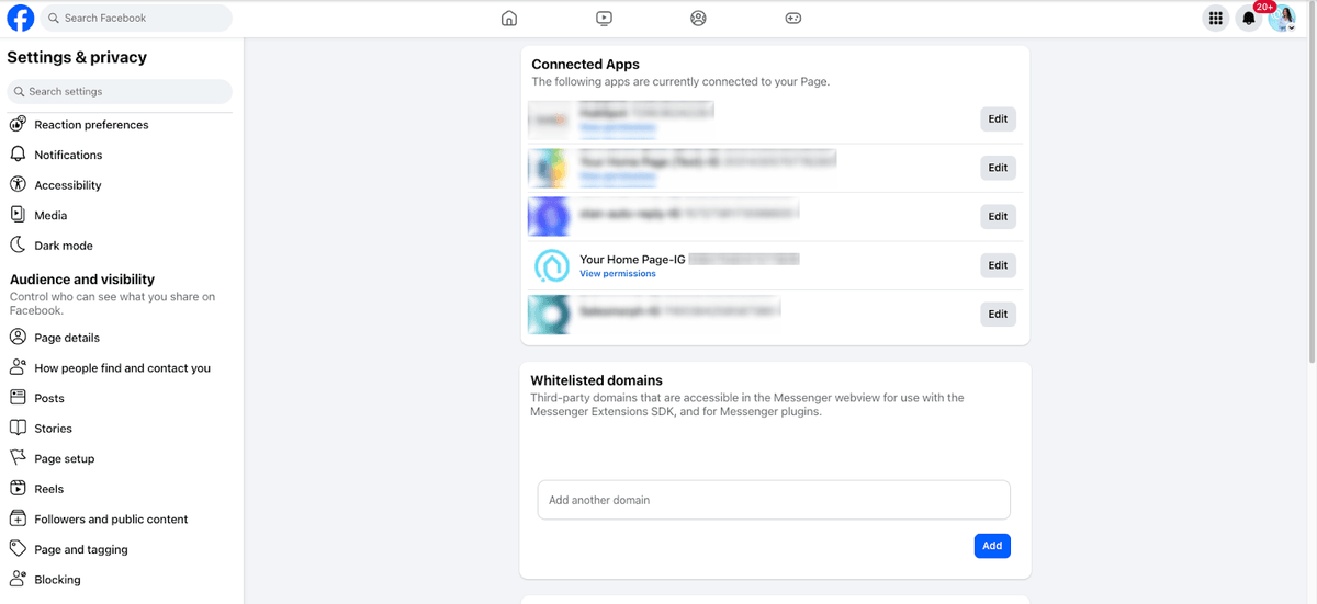 Page setup — Connected Apps, showing Your Home Page-IG